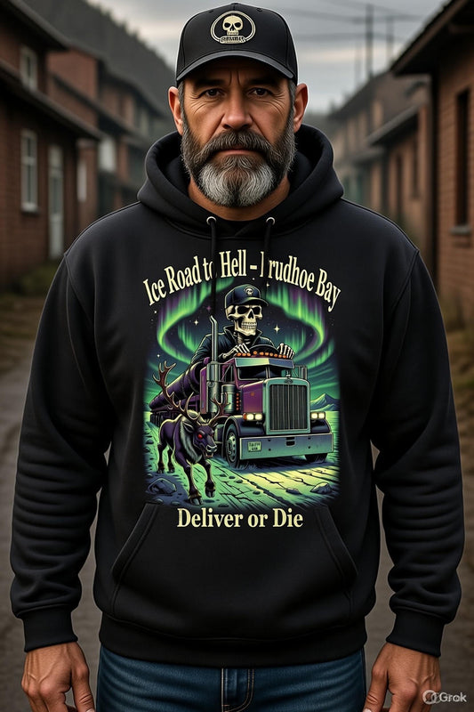 Ice Road to Hell Hoodie – Prudhoe Bay Deliver or Die | Skeleton Ice Road Trucker Alaska Hoodie