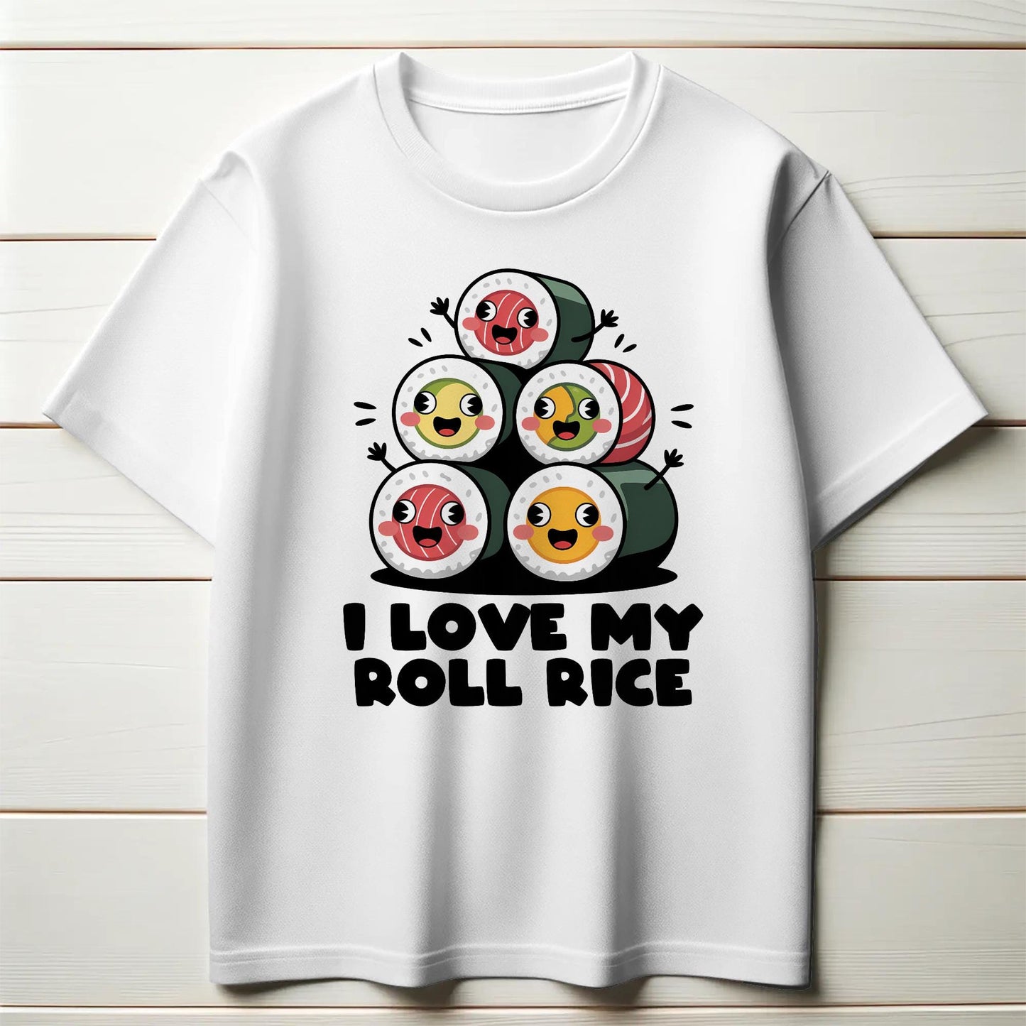 I Love My Roll Rice T-Shirt – Funny Sushi Pun Tee – Cute Cartoon Sushi Stack Shirt for Foodies