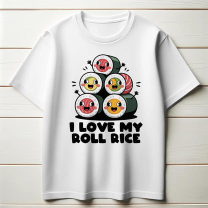 I Love My Roll Rice T-Shirt – Funny Sushi Pun Tee – Cute Cartoon Sushi Stack Shirt for Foodies