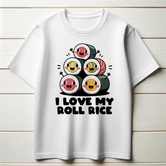 I Love My Roll Rice T-Shirt – Funny Sushi Pun Tee – Cute Cartoon Sushi Stack Shirt for Foodies