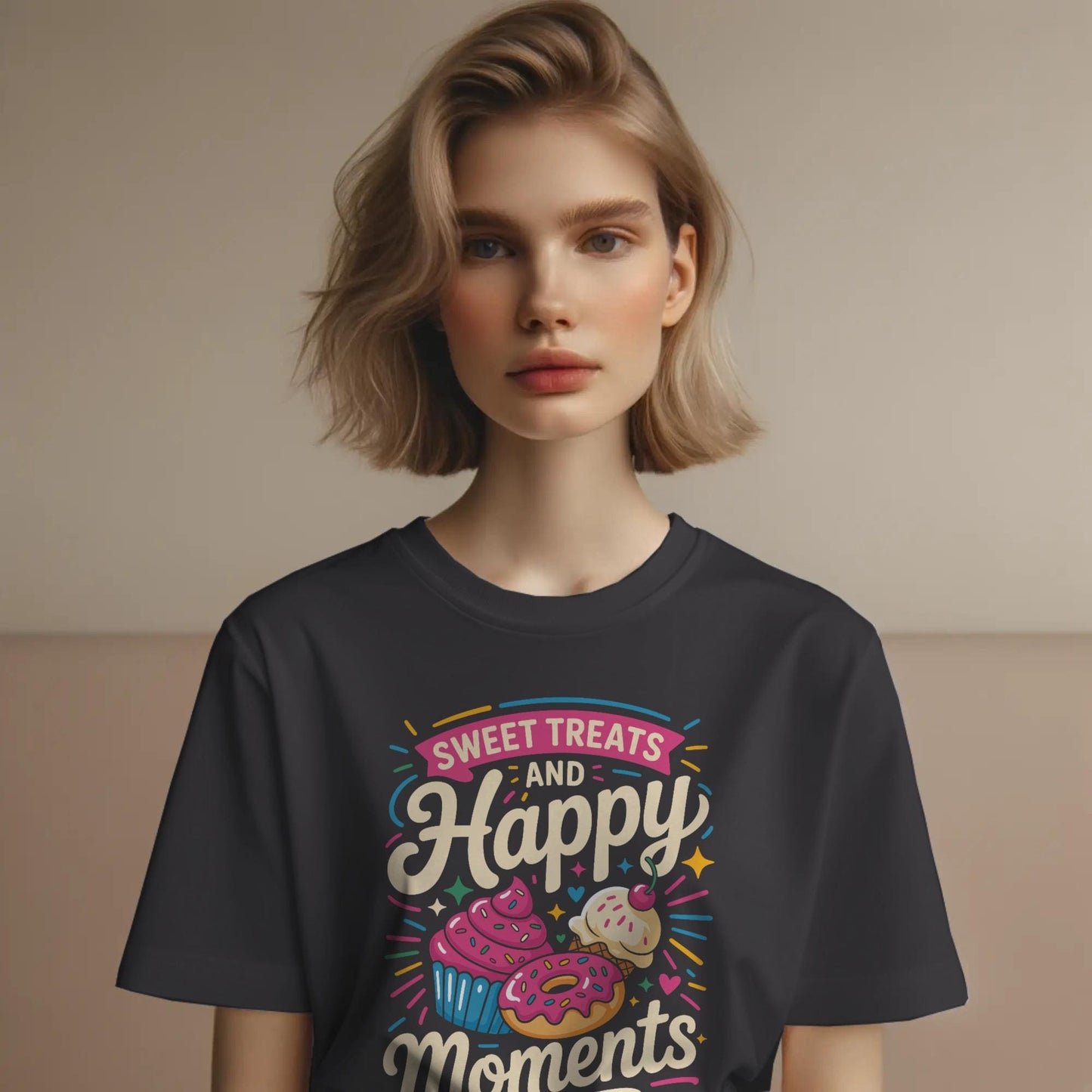 Sweet Treats and Happy Moments T-Shirt – Dessert Lover Tee with Cupcake & Donut Design – Whimsical Foodie Shirt