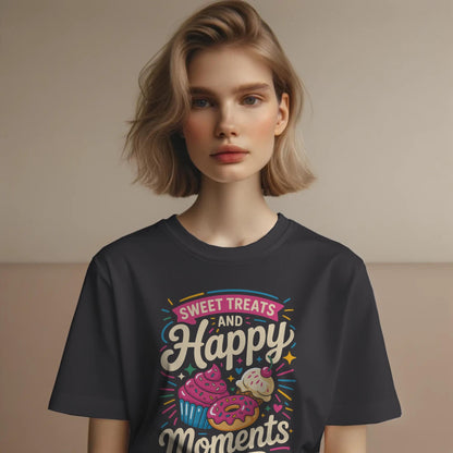 Sweet Treats and Happy Moments T-Shirt – Dessert Lover Tee with Cupcake & Donut Design – Whimsical Foodie Shirt
