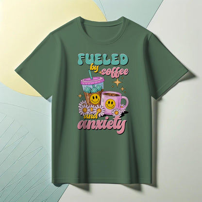 Fueled by Coffee and Anxiety T-Shirt – Funny Mental Health & Caffeine Tee – Iced Hot Coffee Graphic Shirt