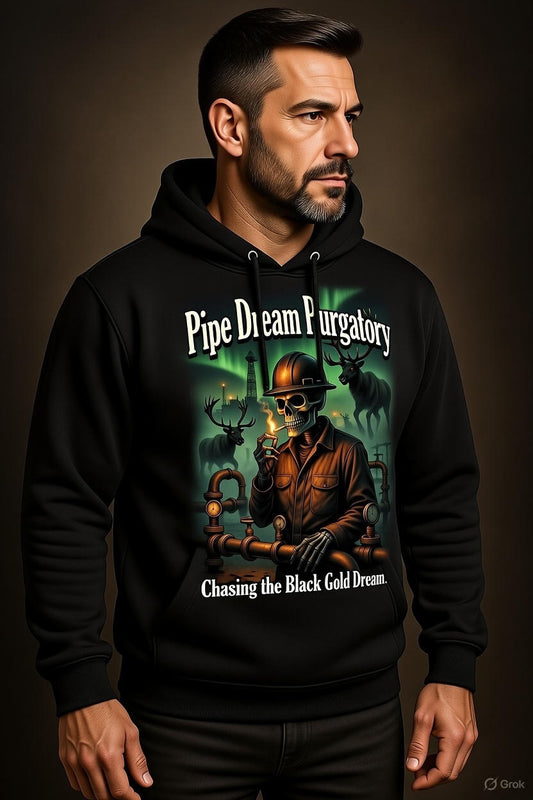 Pipe Dream Purgatory Hoodie – Chasing the Black Gold Dream | North Slope Pipeline Welder Skeleton Hoodie