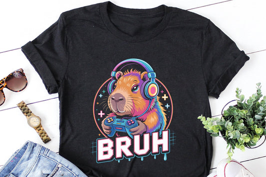 Rainbow Gamer Capybara “BRUH” Design – Funny Headphones & Controller Art