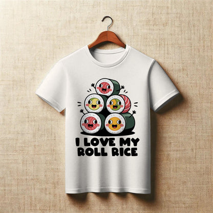 I Love My Roll Rice T-Shirt – Funny Sushi Pun Tee – Cute Cartoon Sushi Stack Shirt for Foodies