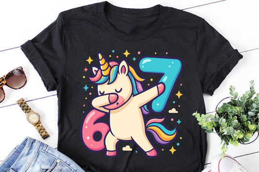 Dabbing Unicorn 6–7 Design – Rainbow Mane & Stars – Fun Birthday or Reading Shirt for Kids