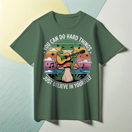 Whimsical Frog Guitar T-Shirt – “You Can Do Hard Things” Motivational Tee – Mushroom Sunset Nature Shirt