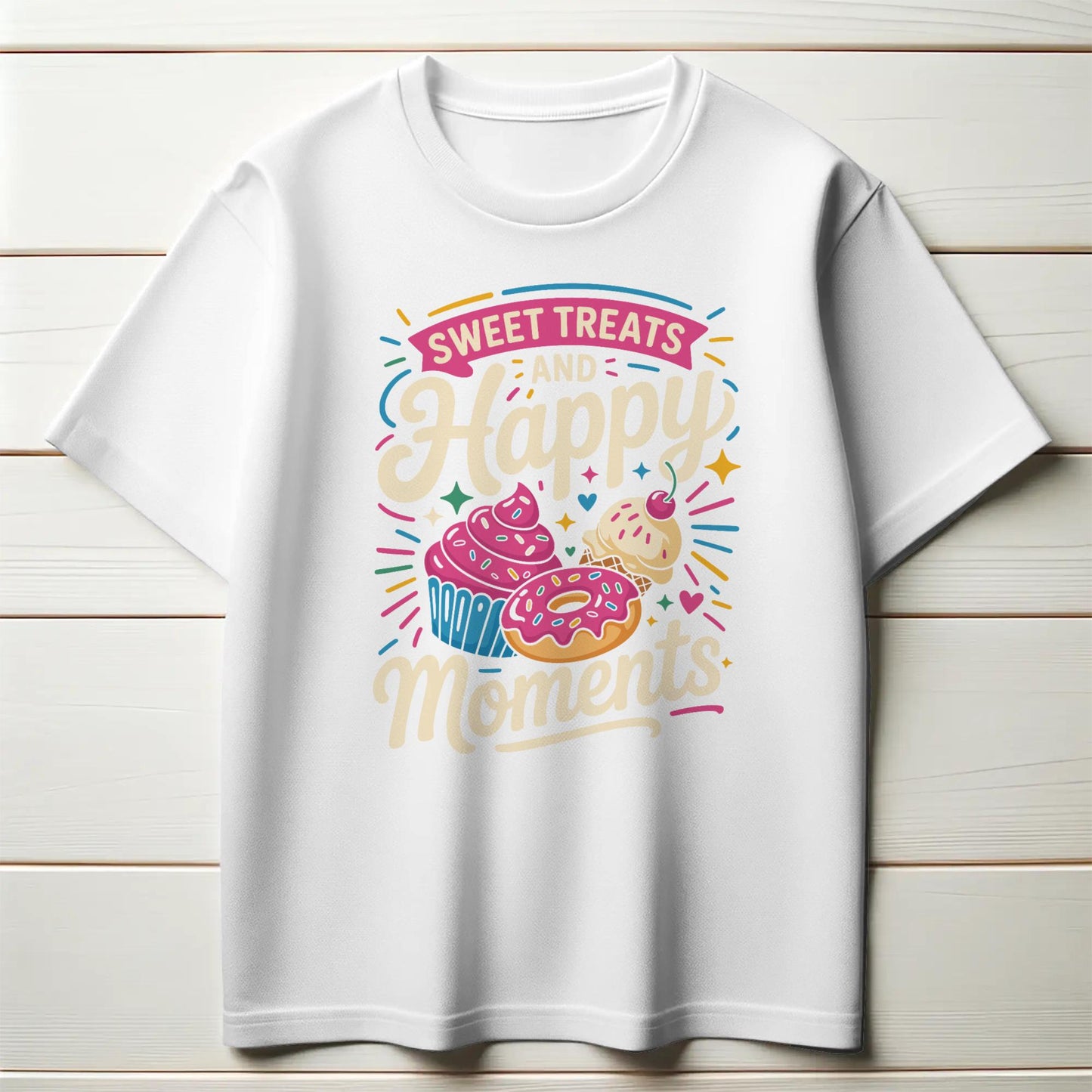 Sweet Treats and Happy Moments T-Shirt – Dessert Lover Tee with Cupcake & Donut Design – Whimsical Foodie Shirt