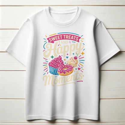 Sweet Treats and Happy Moments T-Shirt – Dessert Lover Tee with Cupcake & Donut Design – Whimsical Foodie Shirt