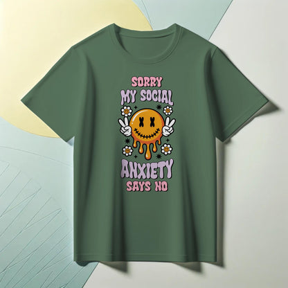 Social Anxiety T-Shirt – “Sorry My Social Anxiety Says No” – Melting Smiley Face Tee with Peace Signs & Flowers