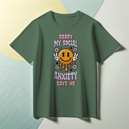 Social Anxiety T-Shirt – “Sorry My Social Anxiety Says No” – Melting Smiley Face Tee with Peace Signs & Flowers