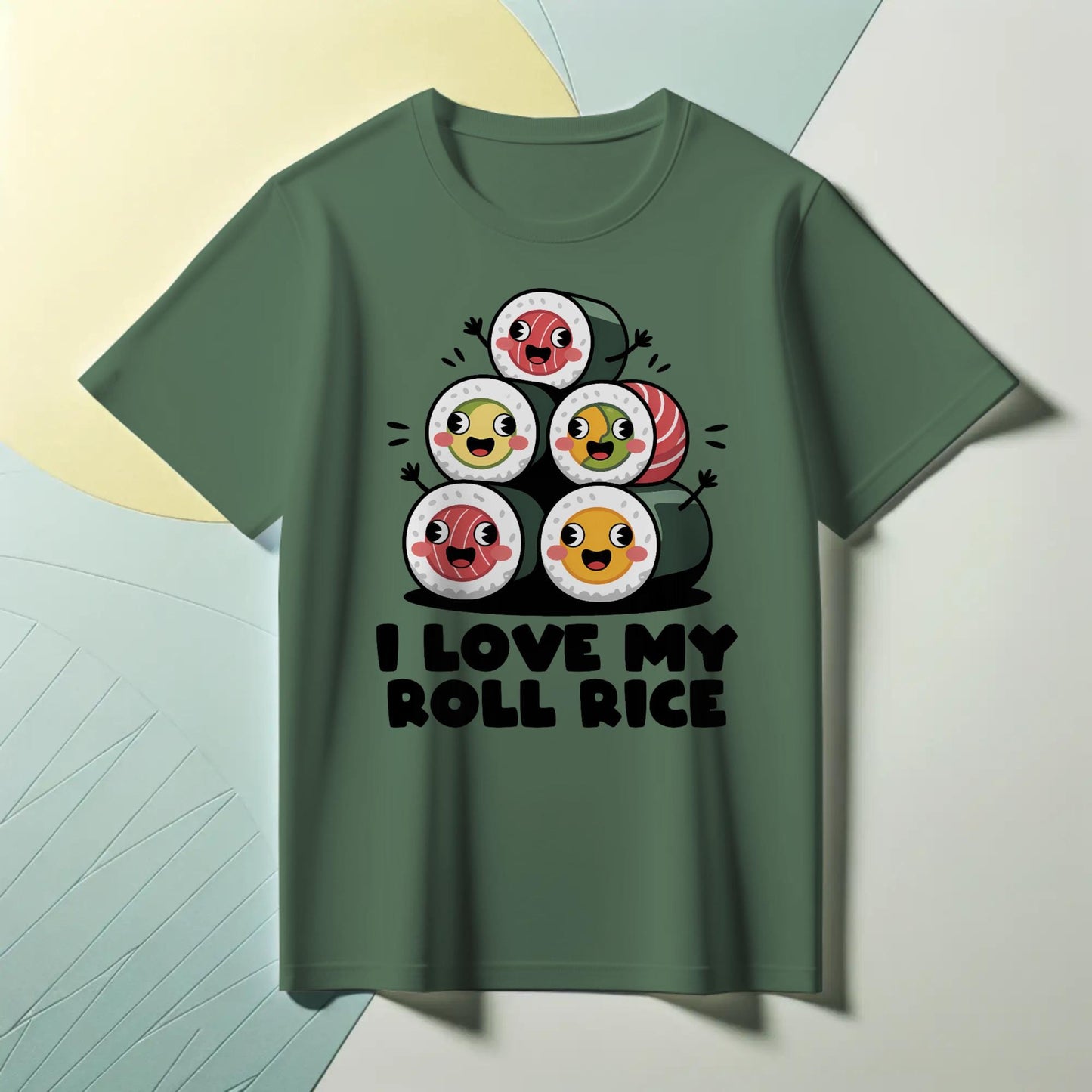 I Love My Roll Rice T-Shirt – Funny Sushi Pun Tee – Cute Cartoon Sushi Stack Shirt for Foodies