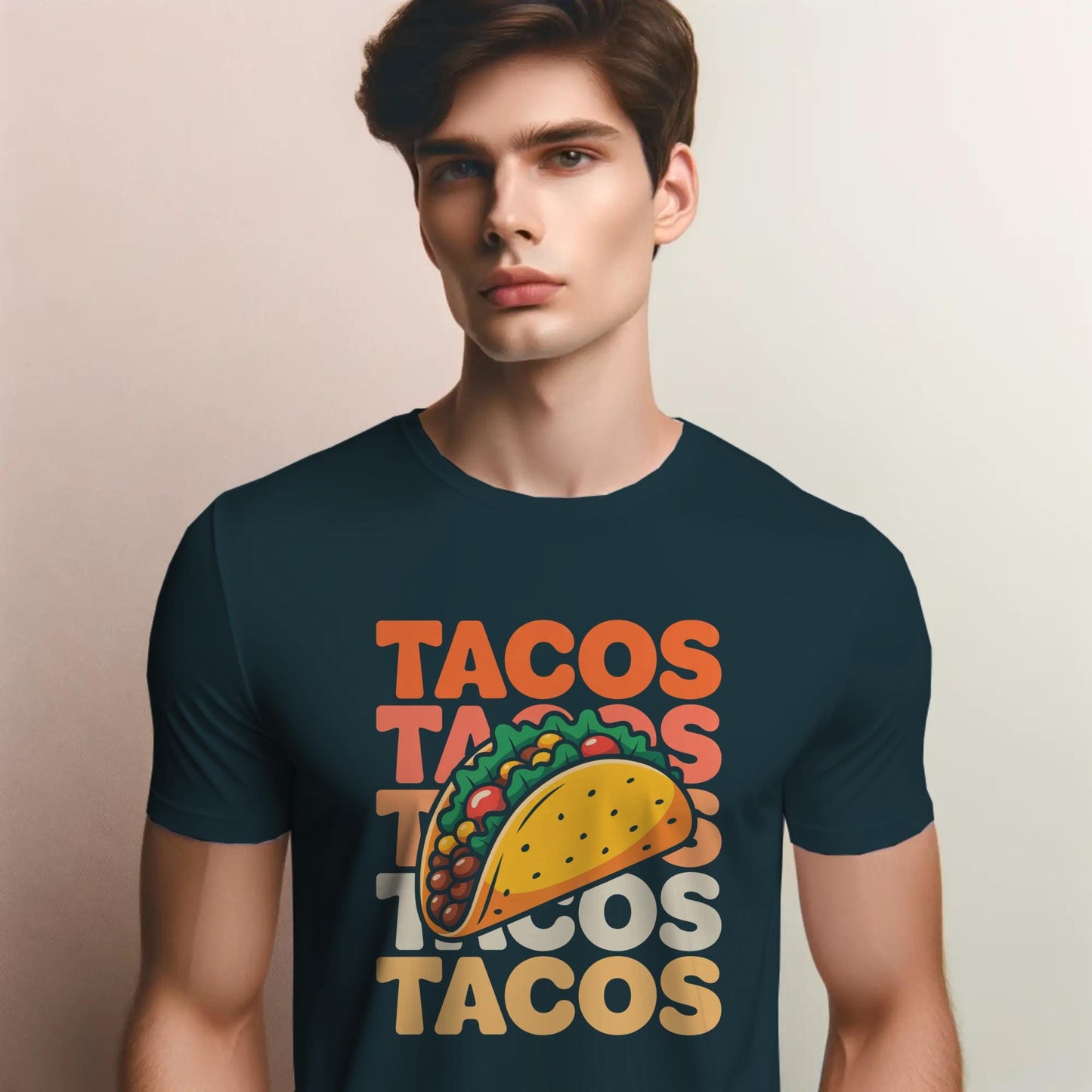 TACOS Graphic T-Shirt – Bold Stacked Text with Taco Illustration – Funny Foodie Tee for Taco Lovers