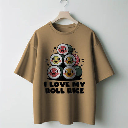 I Love My Roll Rice T-Shirt – Funny Sushi Pun Tee – Cute Cartoon Sushi Stack Shirt for Foodies