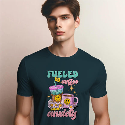 Fueled by Coffee and Anxiety T-Shirt – Funny Mental Health & Caffeine Tee – Iced Hot Coffee Graphic Shirt