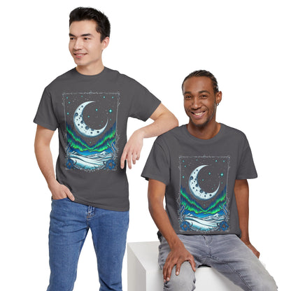 Moonlit Aurora T-Shirt — Crescent Moon & Northern Lights Graphic Tee
