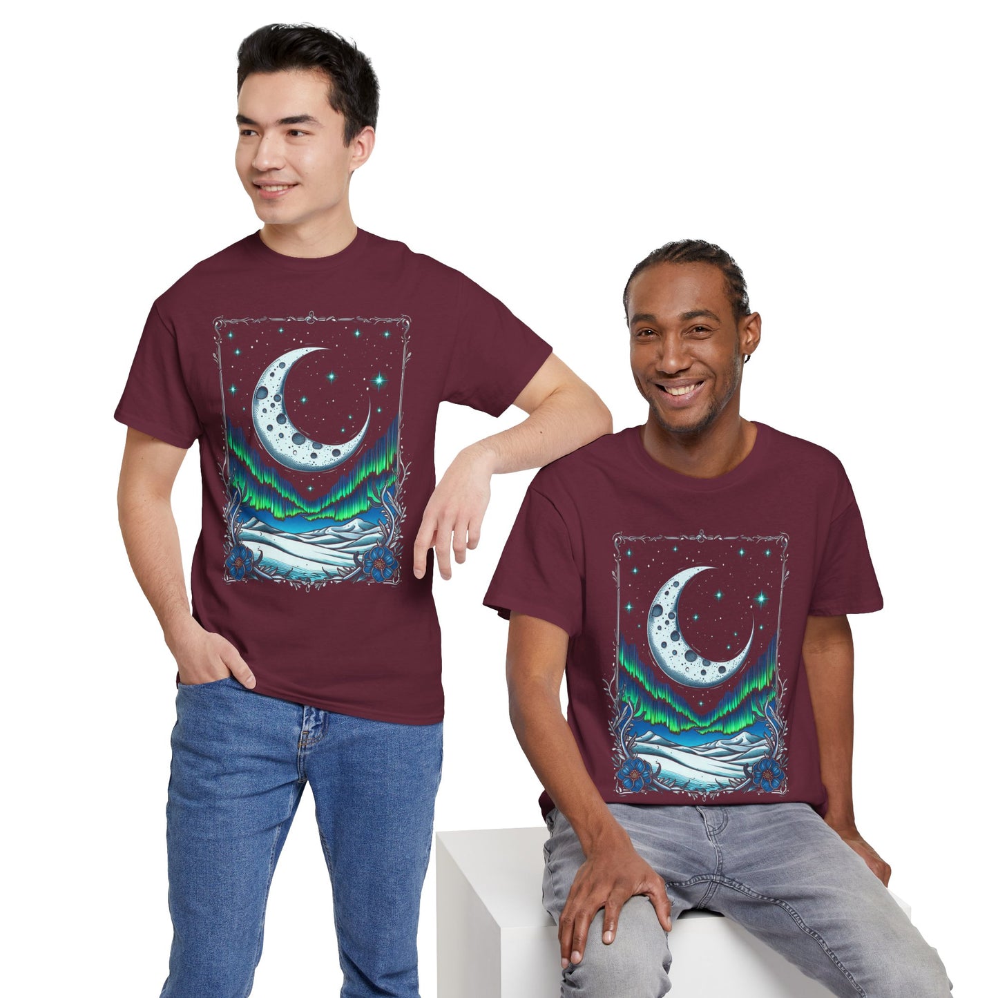 Moonlit Aurora T-Shirt — Crescent Moon & Northern Lights Graphic Tee