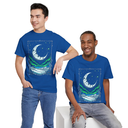 Moonlit Aurora T-Shirt — Crescent Moon & Northern Lights Graphic Tee