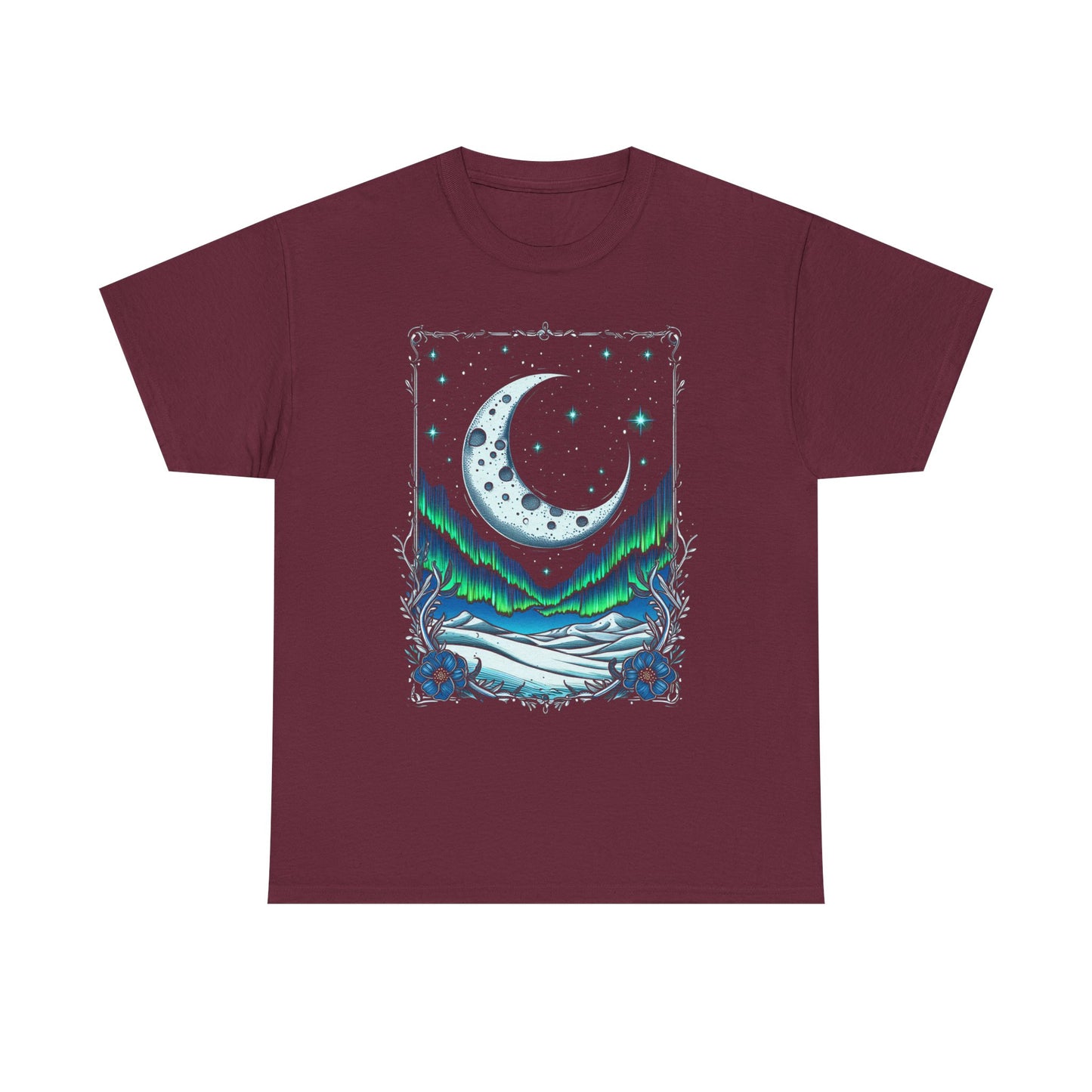 Moonlit Aurora T-Shirt — Crescent Moon & Northern Lights Graphic Tee