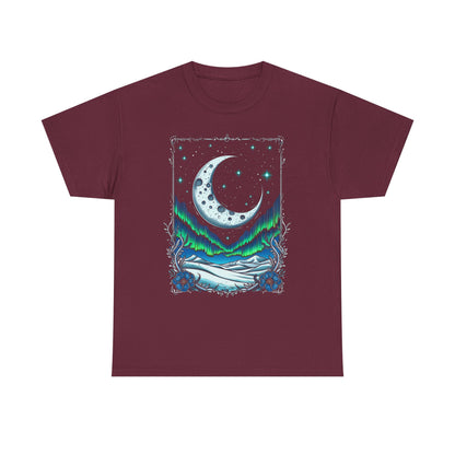 Moonlit Aurora T-Shirt — Crescent Moon & Northern Lights Graphic Tee