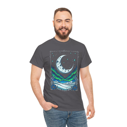 Moonlit Aurora T-Shirt — Crescent Moon & Northern Lights Graphic Tee