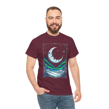 Moonlit Aurora T-Shirt — Crescent Moon & Northern Lights Graphic Tee