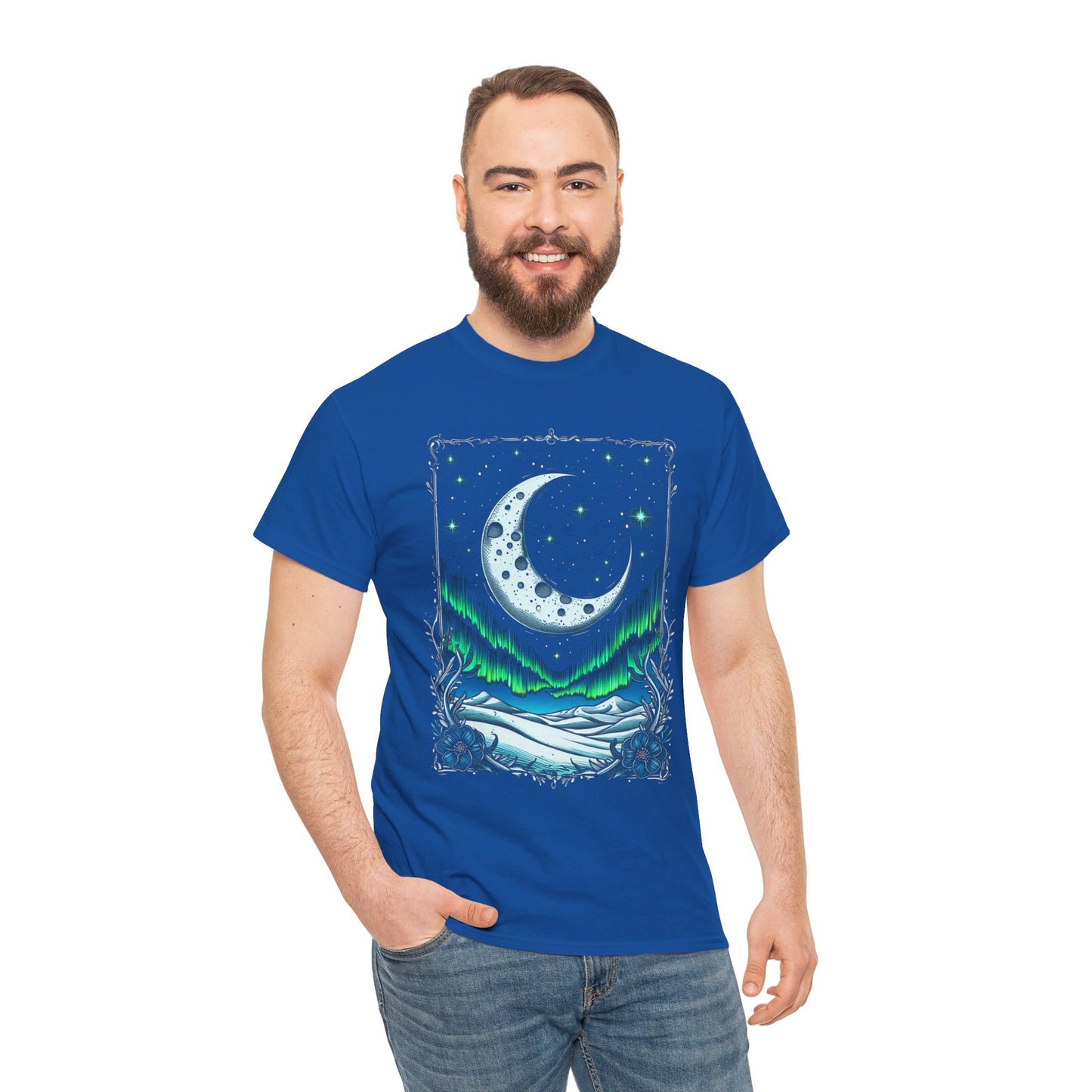 Moonlit Aurora T-Shirt — Crescent Moon & Northern Lights Graphic Tee