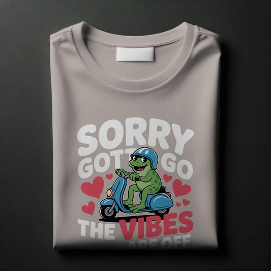 Funny Frog Scooter T-Shirt – “Sorry Gotta Go, The Vibes Are Off” – Quirky Mood Tee for Introverts & Vibe Checkers