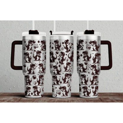 Sports Dinosaur Tumbler – 40oz Wrap – Cartoon Dino Playing Basketball, Soccer, Baseball & Volleyball