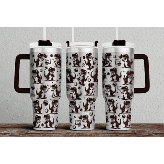 Sports Dinosaur Tumbler – 40oz Wrap – Cartoon Dino Playing Basketball, Soccer, Baseball & Volleyball