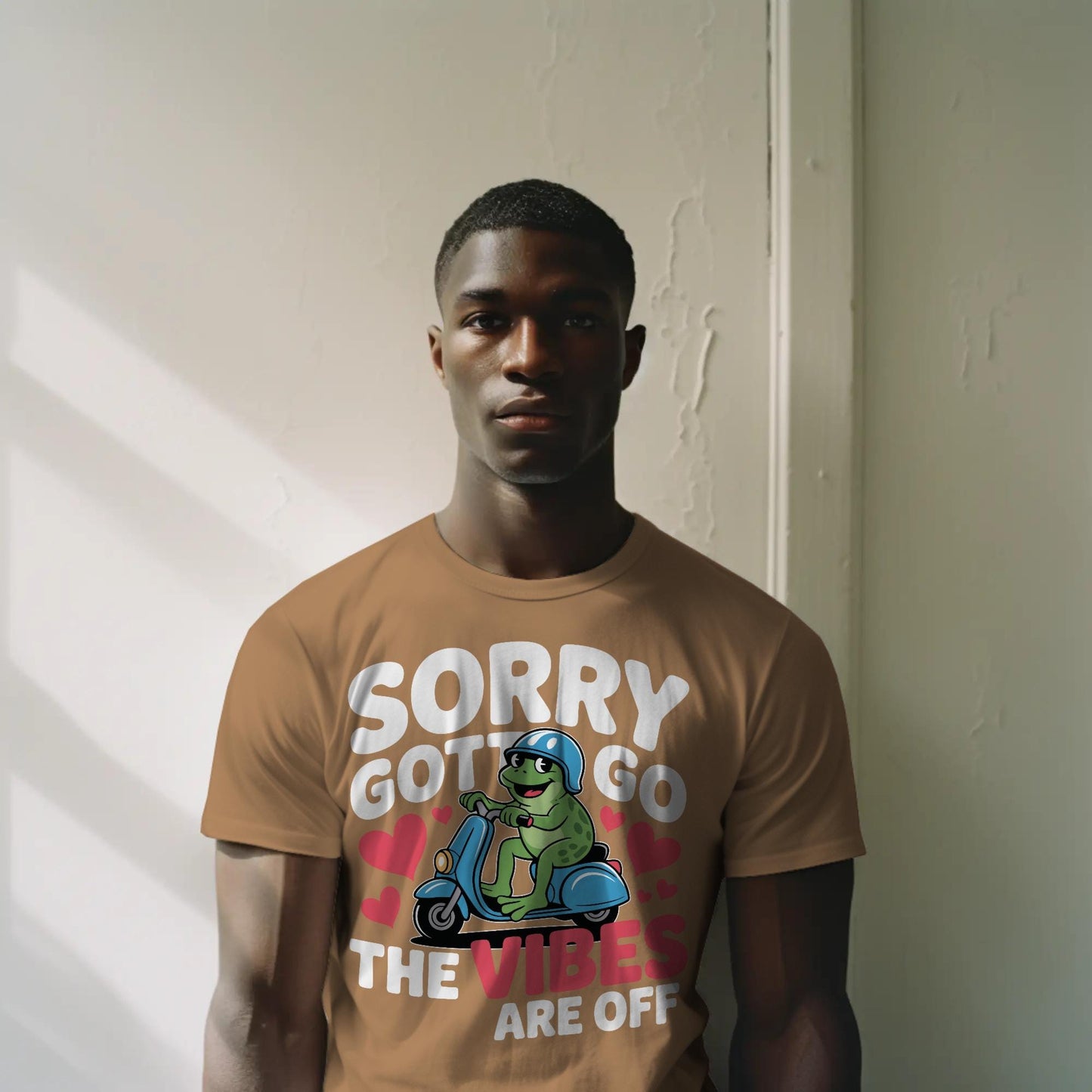 Funny Frog Scooter T-Shirt – “Sorry Gotta Go, The Vibes Are Off” – Quirky Mood Tee for Introverts & Vibe Checkers