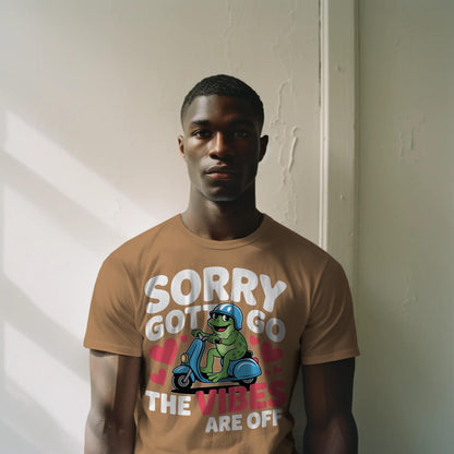 Funny Frog Scooter T-Shirt – “Sorry Gotta Go, The Vibes Are Off” – Quirky Mood Tee for Introverts & Vibe Checkers
