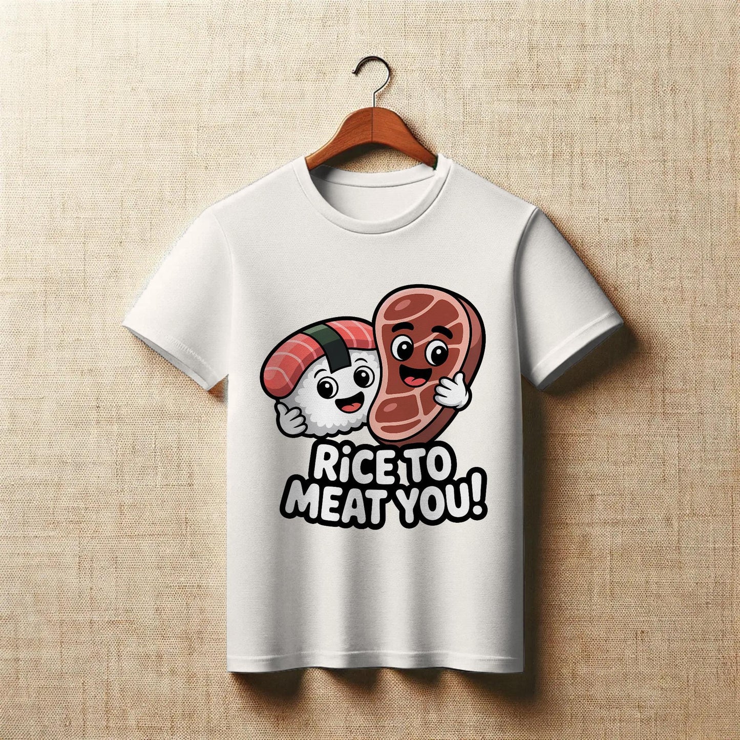 Rice to Meat You T-Shirt – Funny Sushi Steak Pun Tee – Cute Foodie Graphic Shirt for Men & Women