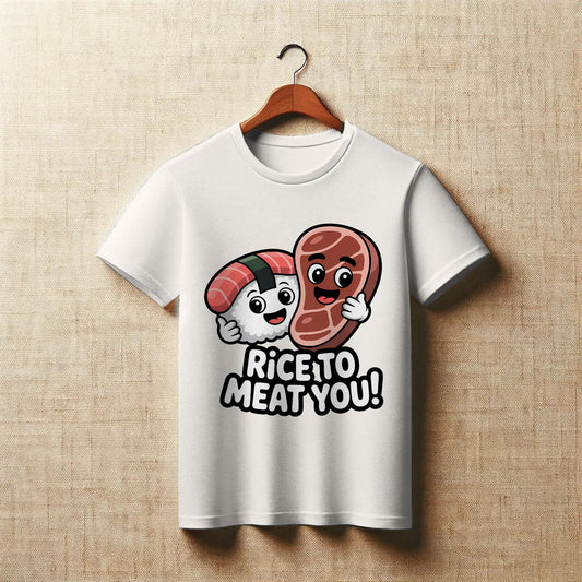 Rice to Meat You T-Shirt – Funny Sushi Steak Pun Tee – Cute Foodie Graphic Shirt for Men & Women