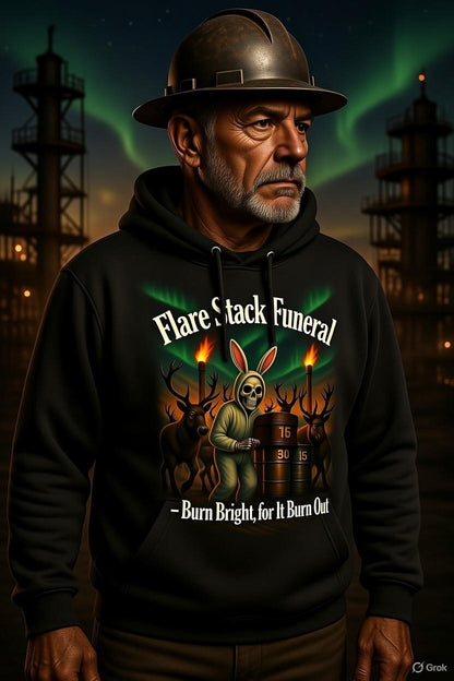 Flare Stack Funeral Hoodie – Burn Bright, for It Burn Out | North Slope Bunny Suit Skeleton Hoodie
