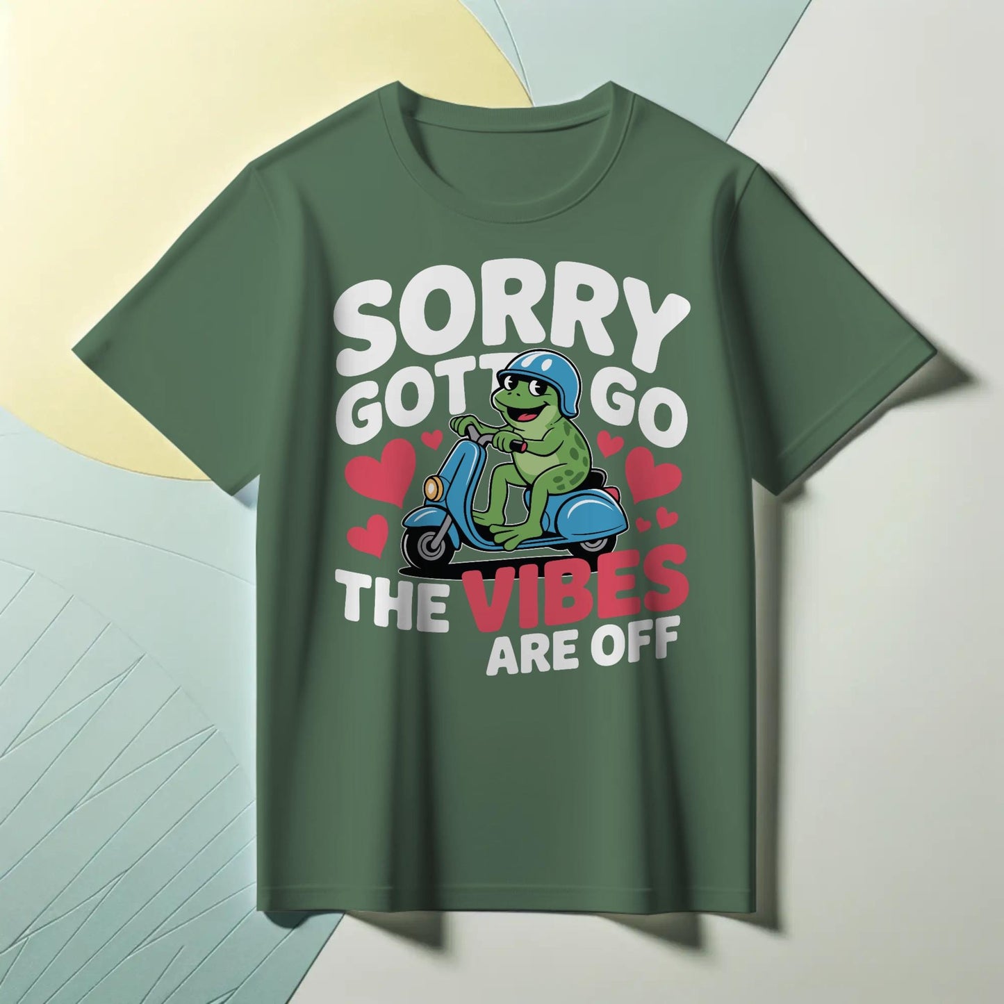 Funny Frog Scooter T-Shirt – “Sorry Gotta Go, The Vibes Are Off” – Quirky Mood Tee for Introverts & Vibe Checkers