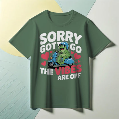 Funny Frog Scooter T-Shirt – “Sorry Gotta Go, The Vibes Are Off” – Quirky Mood Tee for Introverts & Vibe Checkers