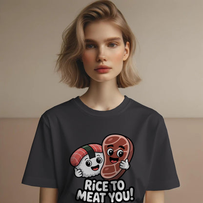 Rice to Meat You T-Shirt – Funny Sushi Steak Pun Tee – Cute Foodie Graphic Shirt for Men & Women