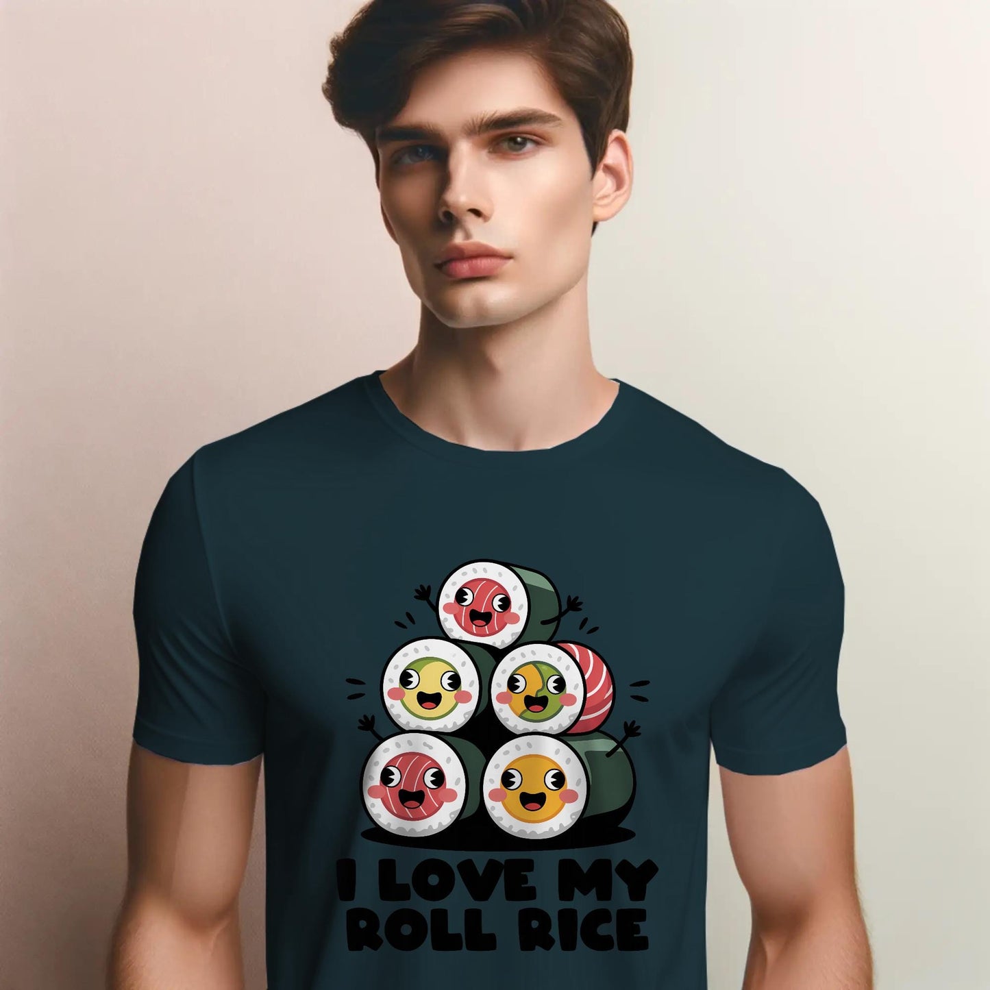 I Love My Roll Rice T-Shirt – Funny Sushi Pun Tee – Cute Cartoon Sushi Stack Shirt for Foodies