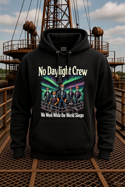 No Daylight Crew Hoodie – We Work While the World Sleeps | North Slope Night Shift Skeleton Hoodie