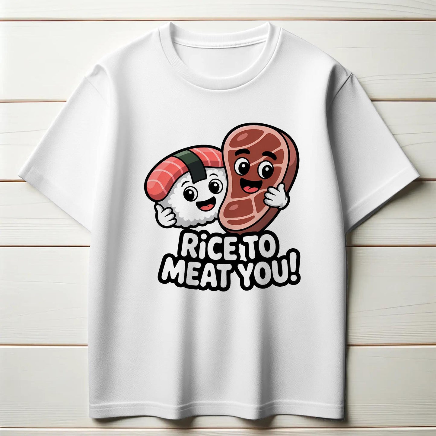 Rice to Meat You T-Shirt – Funny Sushi Steak Pun Tee – Cute Foodie Graphic Shirt for Men & Women