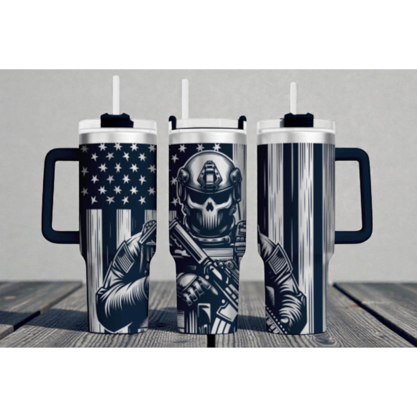 Patriotic Soldier Tumbler Wrap – 40oz Handled – Skull Mask Tactical Gear & American Flag