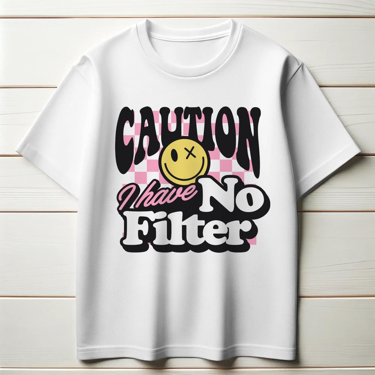Caution I Have No Filter T-Shirt – Funny Attitude Tee with Edgy Smiley – Bold Graphic Shirt for Men & Women