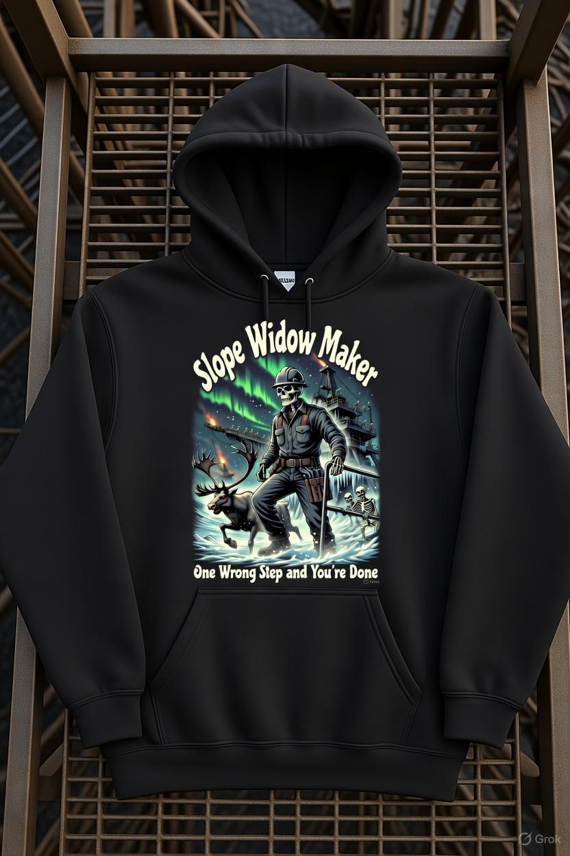 Slope Widow Maker Hoodie – One Wrong Step and You're Done | North Slope Rig Safety Skeleton Hoodie