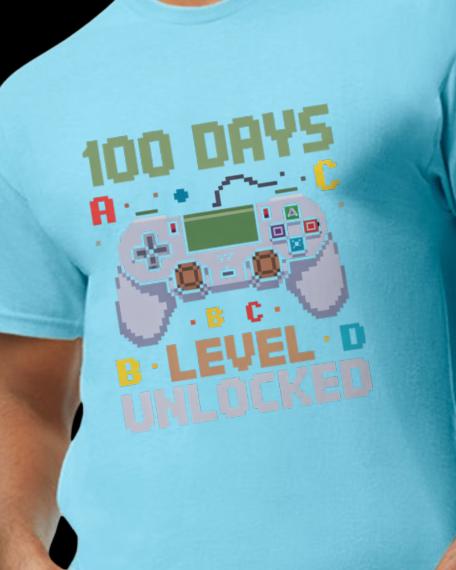 100 Days Level Unlocked Gamer Shirt – Pixel Art Video Game Design – Funny School or Challenge Milestone Gift