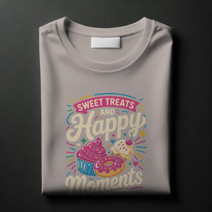 Sweet Treats and Happy Moments T-Shirt – Dessert Lover Tee with Cupcake & Donut Design – Whimsical Foodie Shirt