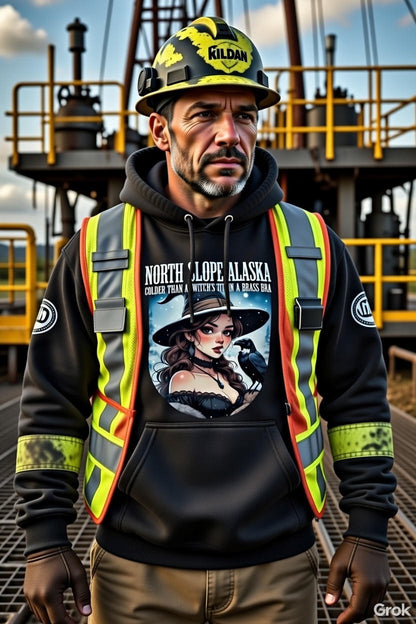 North Slope Witch Hoodie – Colder Than a Witch's Tit in a Brass Bra | Alaska Oilfield Pinup Hoodie