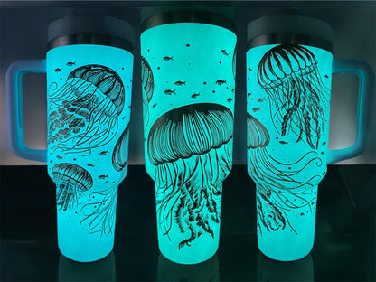 Glow in the Dark Jellyfish Tumbler – 40oz Stainless Steel Cup, Engraved Ocean Design, Insulated Drinkware
