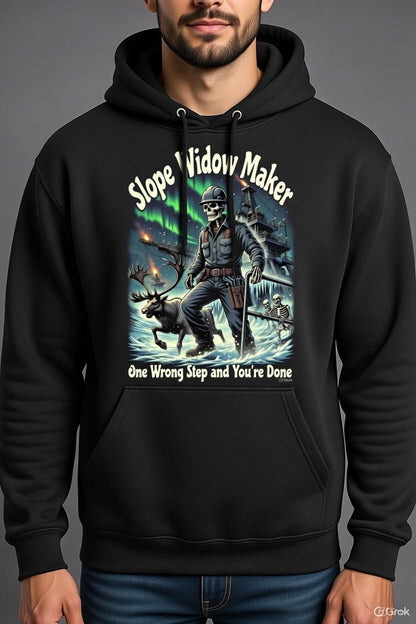 Slope Widow Maker Hoodie – One Wrong Step and You're Done | North Slope Rig Safety Skeleton Hoodie